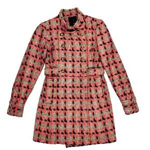 Anthropologie Tweed Coat Women 2 Brown Orange Plaid Double Breasted Wool Peacoat